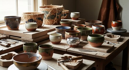 A beautiful collection of handmade pottery and tools rests on a wooden table in a sunlit artisan's workshop