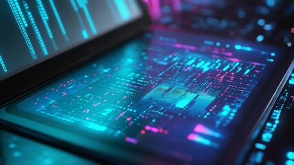 Futuristic server room processing big data with neon lights - Powered by Adobe