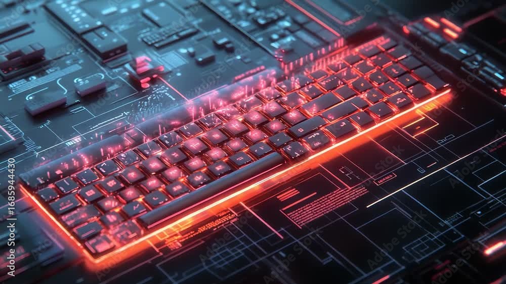 Poster futuristic keyboard glowing on circuit board with data transferring