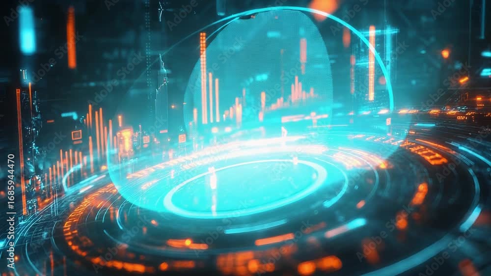 Poster futuristic hologram showing rotating circular interface with city skyline and data analysis
