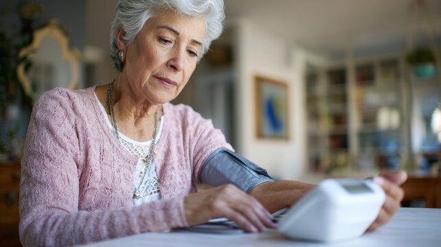 Elderly woman measuring blood pressure at home concentrating on the digital monitor display while the rest of the room softly fades out. - Powered by Adobe
