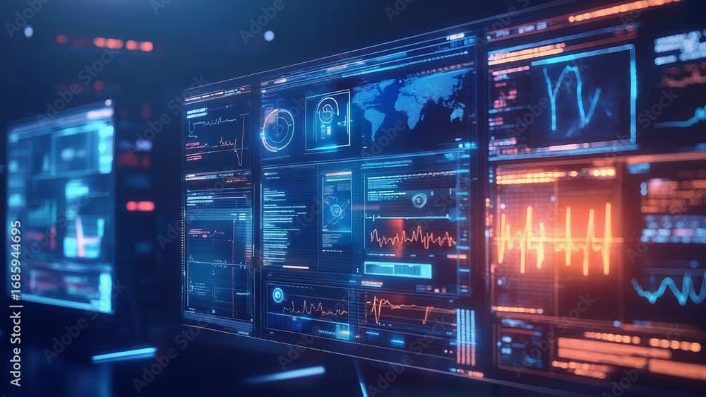 Poster computer screens showing futuristic user interface with charts, graphs, and data visualizations