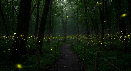 Dark green forest displays fireflies on pathway at night. Use for fantasy backdrops, book covers, or mystical posters.