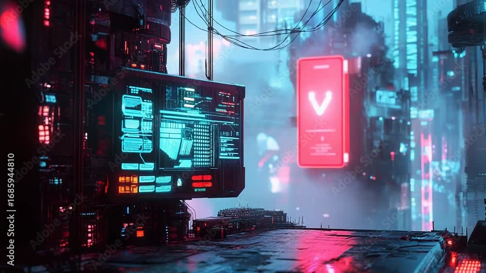 Poster futuristic computer showing data in cyberpunk cityscape
