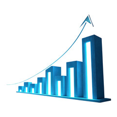 A blue bar graph with an upward trending arrow against a black background showing positive growth