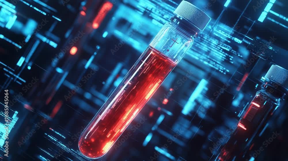 Poster test tubes containing red liquid with futuristic hud data displaying in background