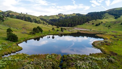 Serene valley lake reflection