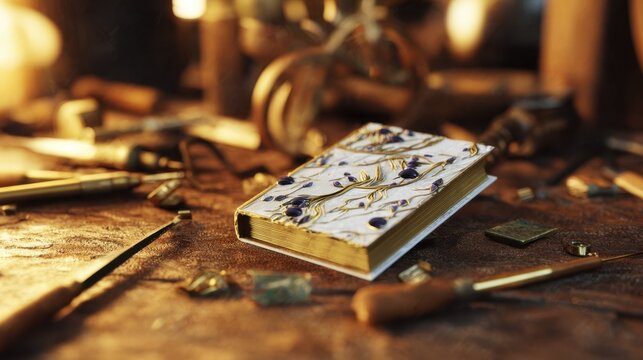 Showcasing a customizable 3Dprinted book cover with mystical forest elements in focus the intricate details contrasted against a softly blurred setting of scattered crafting tools.