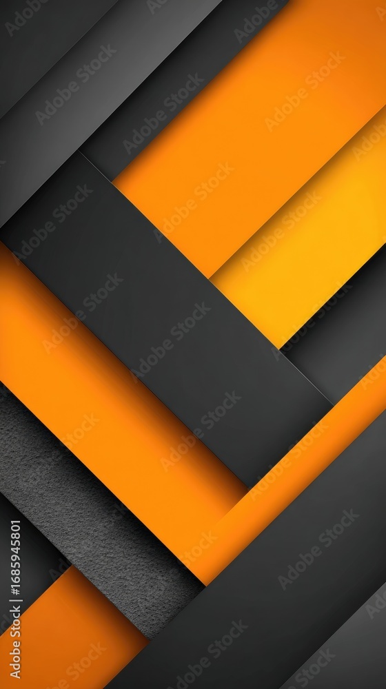 Poster a vibrant geometric design featuring overlapping orange and dark gray shapes, creating a striking vi