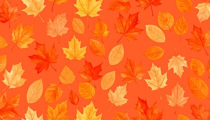 A vibrant, autumnal pattern displays various colorful leaves against a backdrop of coral orange.