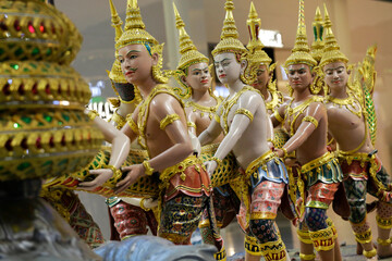 The sculpture named Churning of the Milk Ocean is seen in the departures area of Suvarnabhumi international airport (BKK) in Bangkok, Thailand.