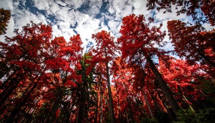 Red Trees Viewed from Below in Forest