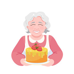 Elderly woman, a smiling grandmother in white apron holding homemade cake with strawberry and creamy topping. For food design, recipe books, vector illustration 
