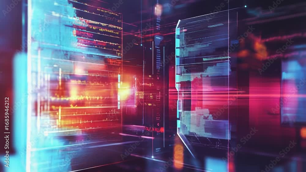 Poster futuristic server racks processing data in a data center