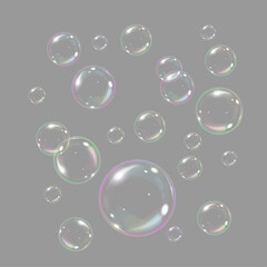Soap bubble realistic 3d render set, multicolored shape, vector background
