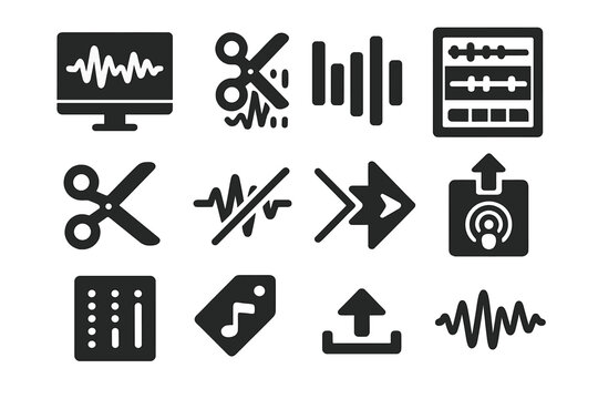 Podcast Editing Icons. Solid style icons of podcast editing and production: waveform editor screen, audio cut icon, equalizer bars