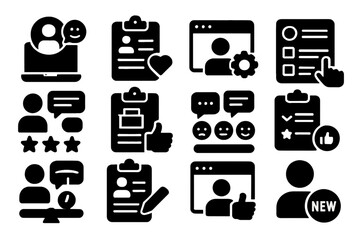 User Onboarding Icons. Solid style icons of user onboarding surveys: welcome feedback, setup experience, ease-of-use form,