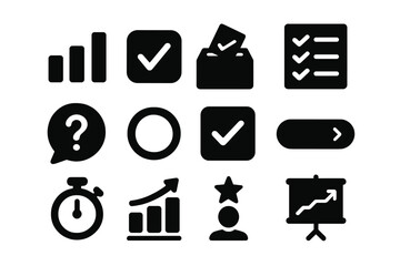 Poll Icons Collection. Solid style icons of general polls: poll chart, vote checkmark, ballot icon, answer options, poll question