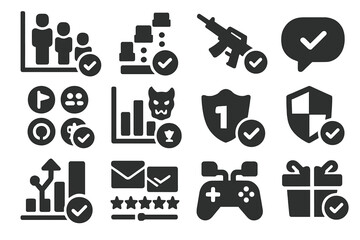 Gaming Poll Icons. Solid style icons of gaming polls: character popularity chart, level difficulty vote, favorite weapon icon,