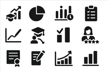 Education Performance Icons. Solid style icons of education statistics: student performance chart, grade distribution, attendance