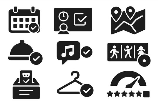 Event Planning Icons. Solid style icons of event planning polls: date choice calendar, time slot poll, location selection, RSVP