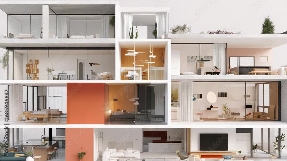 Poster modern apartment building showing multiple levels and interiors