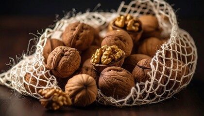 Close-up of a mesh bag overflowing with whole walnuts, some shelled