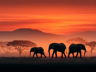 Fototapeta premium Elephant family silhouettes walking across savanna at sunset golden and orange sky backdrop wildlife safari concept for nature lovers