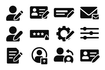 User Profile Icons. Solid style icons of user profile editing: avatar with pencil icon, account info edit, name field tray, email