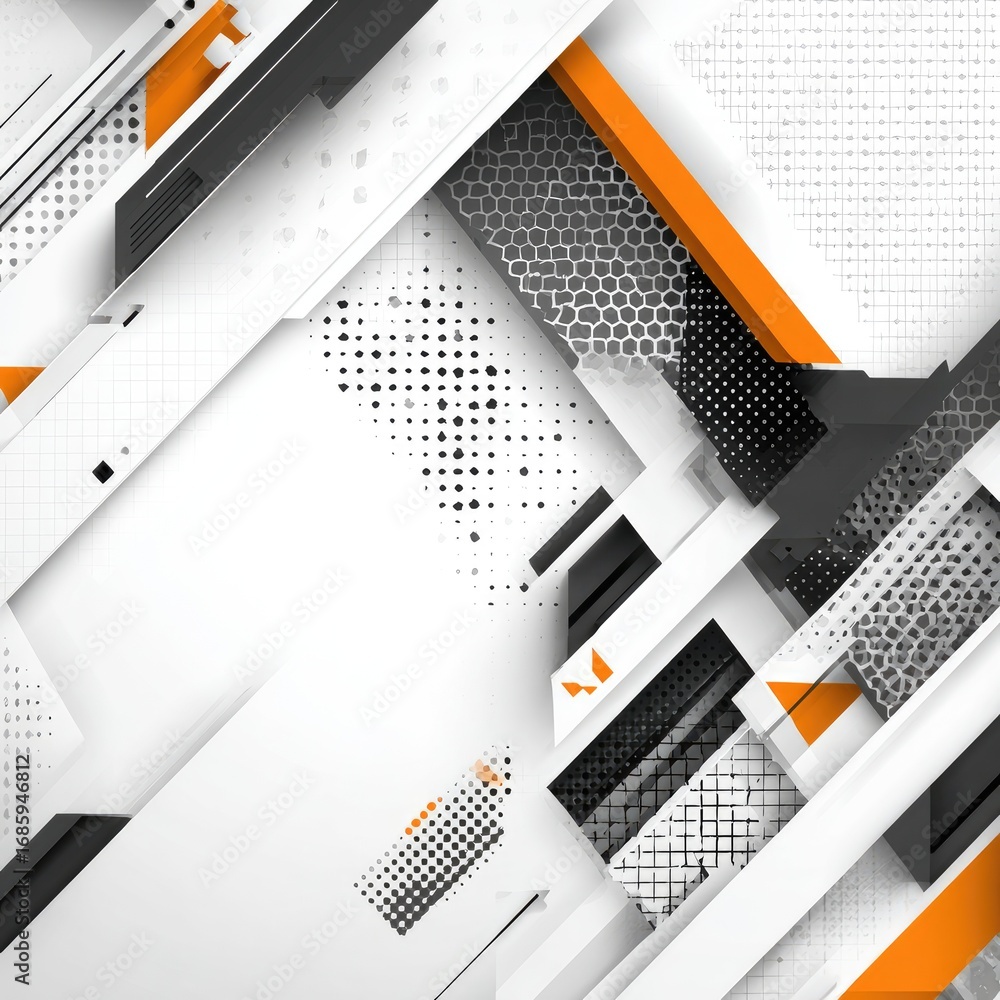Poster a dynamic abstract design featuring layered geometric shapes in white, black, and orange, creating a