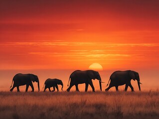 Obraz premium Elephant family silhouettes walking across savanna at sunset golden and orange sky backdrop wildlife safari concept for nature lovers