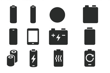 Battery Icon Collection. Solid style icons of battery types: AA battery, AAA battery, coin cell battery, 9V battery icon, phone