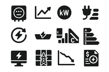 Energy Usage Icons. Solid style icons of power usage: energy meter icon, consumption graph, kilowatt icon, plug with stats,