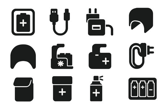 Battery Accessories Icons. Solid style icons of battery accessories: battery case icon, charging cable, adapter plug for battery,