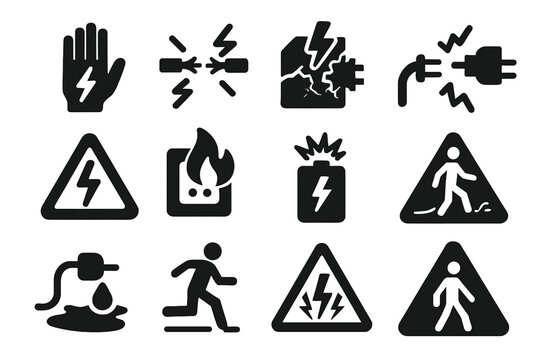 Power Hazard Icons. Solid style icons of power-related hazards: electrical burn icon, exposed wire danger, surge damage symbol,