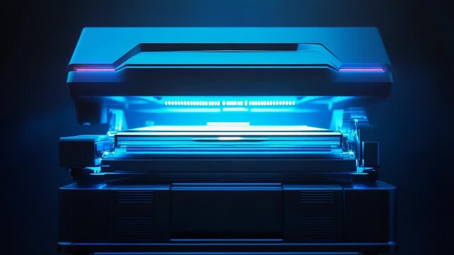 Futuristic 3d printer creating object with blue light in dark room