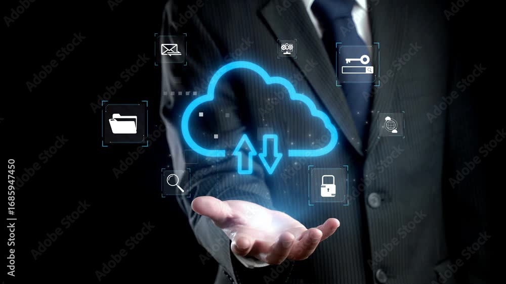 Poster a businessman in a suit presents a digital cloud interface showcasing symbols for data management an