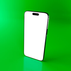 Mobile phone standing over green background. Blank screen for mockup.