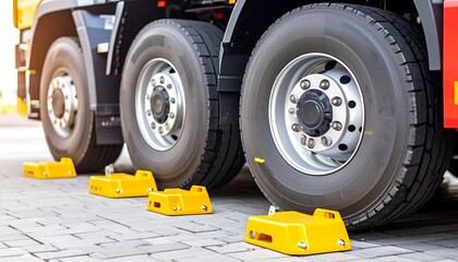 Close-up of semi-truck tires on pavement with yellow wheel chocks
