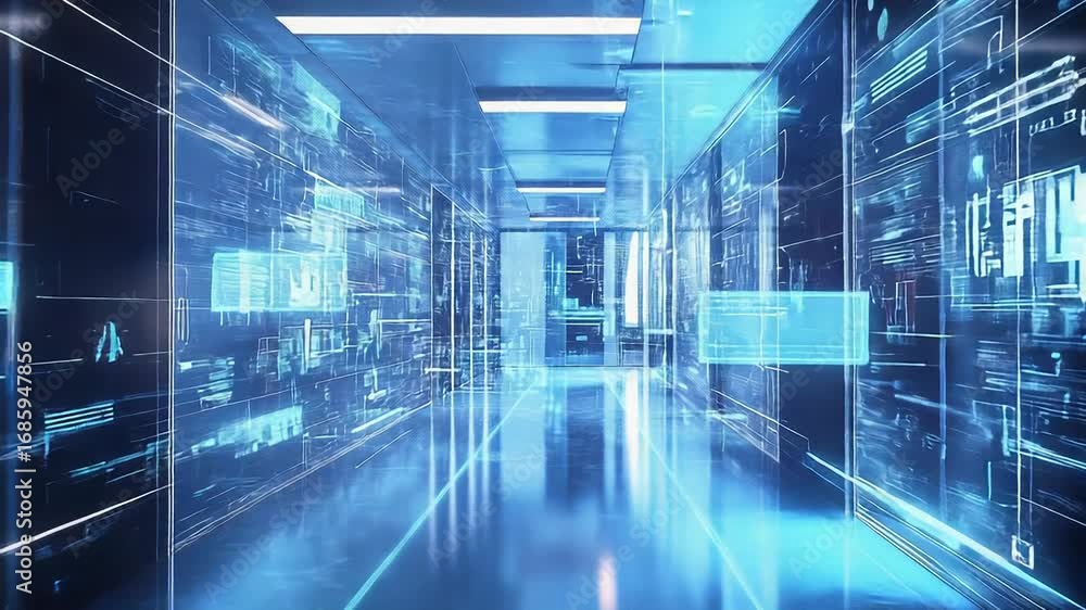 Poster futuristic corridor showing programming code and data flowing