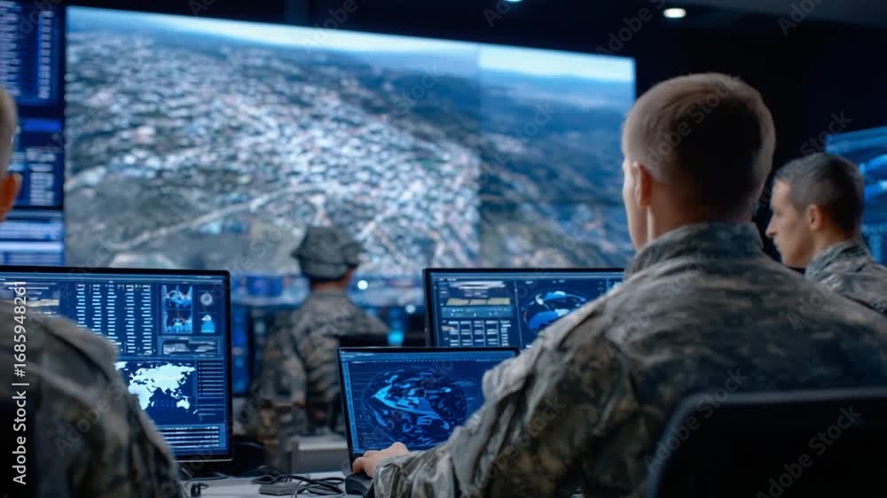 Poster intelligence analysts use digital tools to highlight movement zones on drone surveillance footage di