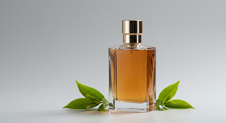 Elegant perfume bottle with golden cap and fresh green leaves for luxury fragrance ads