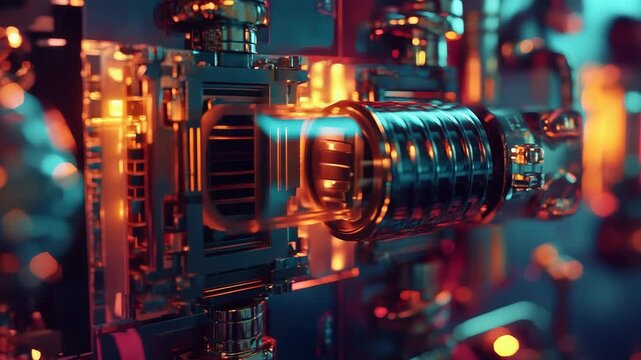 Futuristic glowing vacuum tube connecting complex circuitry in cyberpunk style