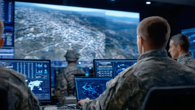Intelligence analysts use digital tools to highlight movement zones on drone surveillance footage displayed on a large wall monitor.