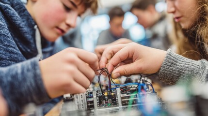 Focused hands of a student connecting wires on a robot chassis blurred faces of attentive classmates and classroom décor emphasizing teamwork in a robotics club.