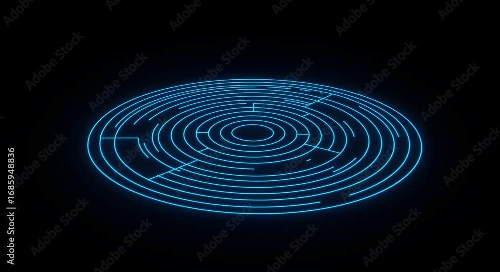 Poster a circular maze design glows with neon blue light against a stark black background, creating a visua