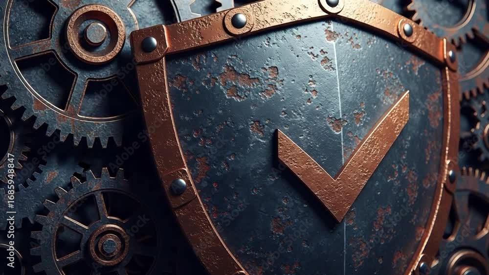 Aufkleber close up of a rusty shield with copper trim surrounded by intricate steampunk gears and cogs design