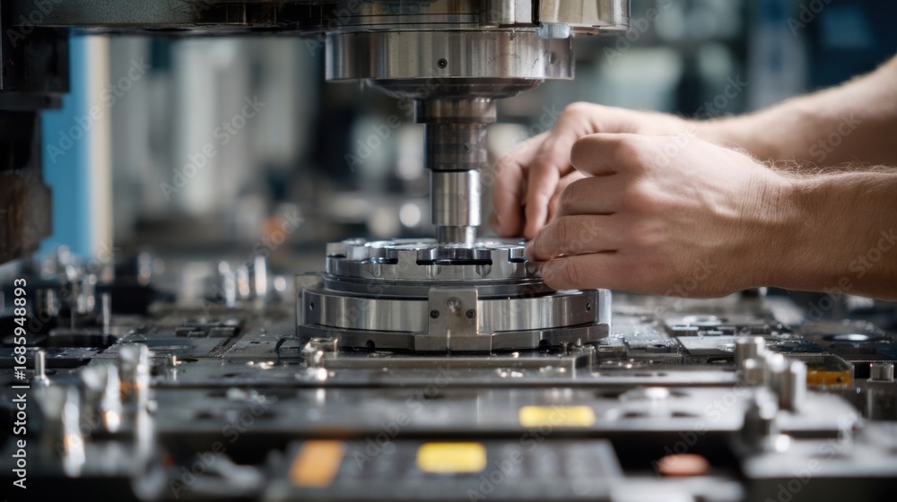 Aufkleber a toolmakers hands expertly adjust the parameters of a hydraulic press with partially formed turbine