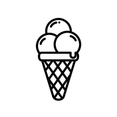 Triple scoop ice cream in a waffle cone line art icon. Simple sweet dessert vector graphic