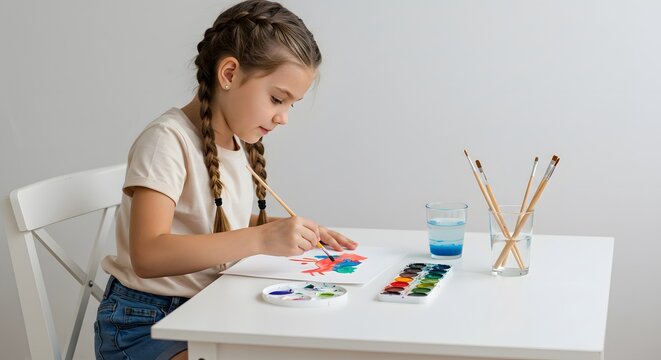 Girl painting with watercolors, focused on her art, fostering creativity and imagination at her home table.